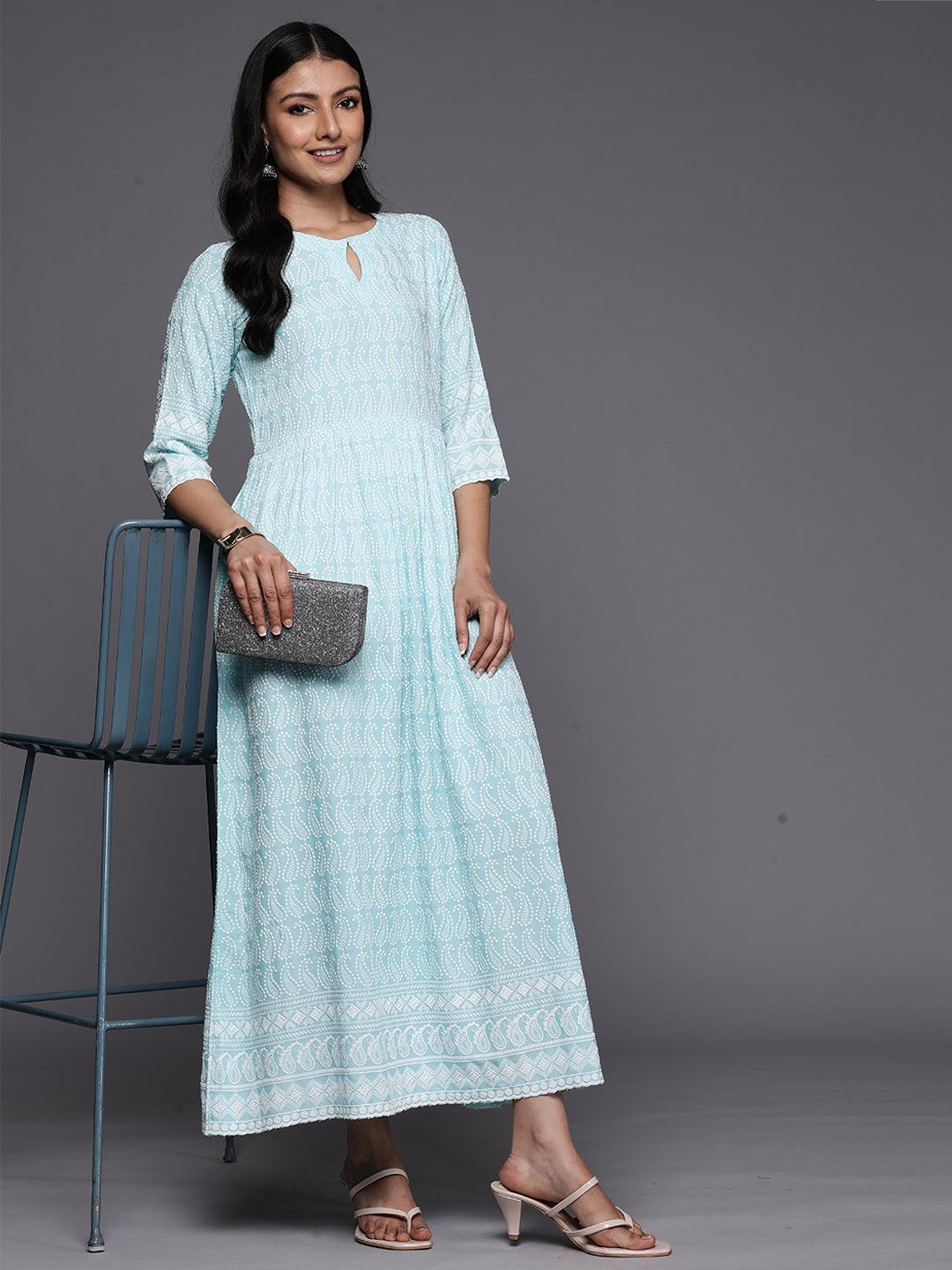 Blue Embroidered Rayon Fit and Flare Dress - Libas