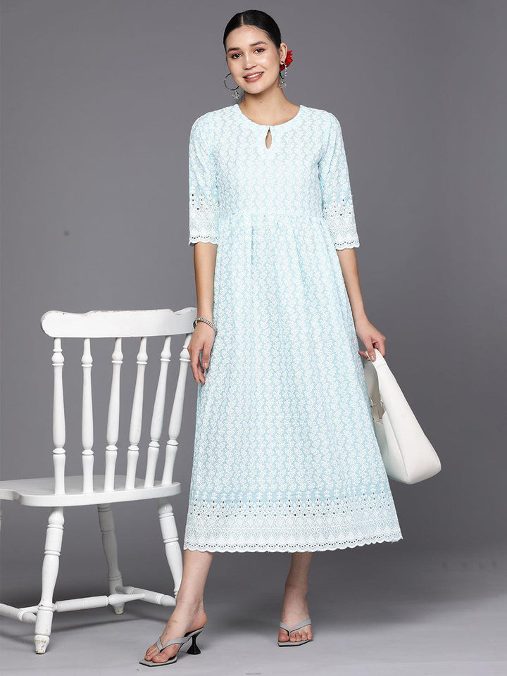 Blue Embroidered Cotton Fit and Flare Dress - Libas