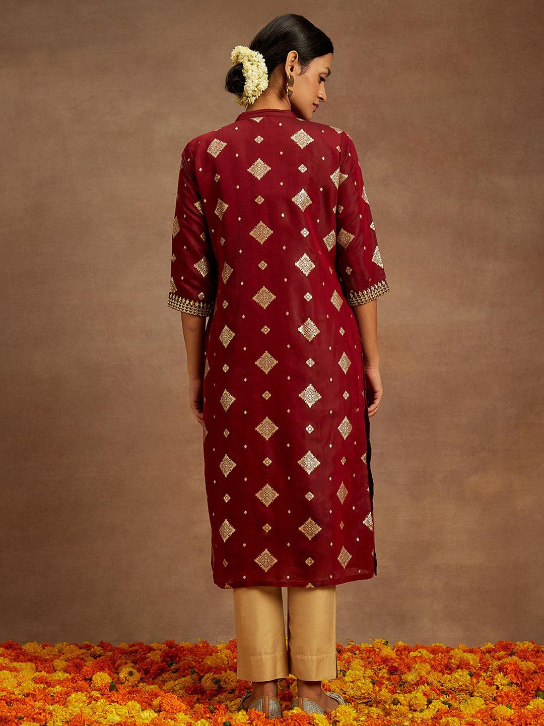 Maroon Woven Design Chanderi Silk Straight Kurta - Libas 