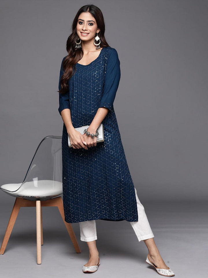 Blue Embellished Rayon Straight Kurta - Libas