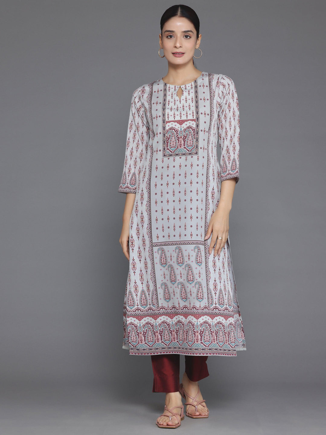 Beige Printed Crepe Straight Kurta - Libas