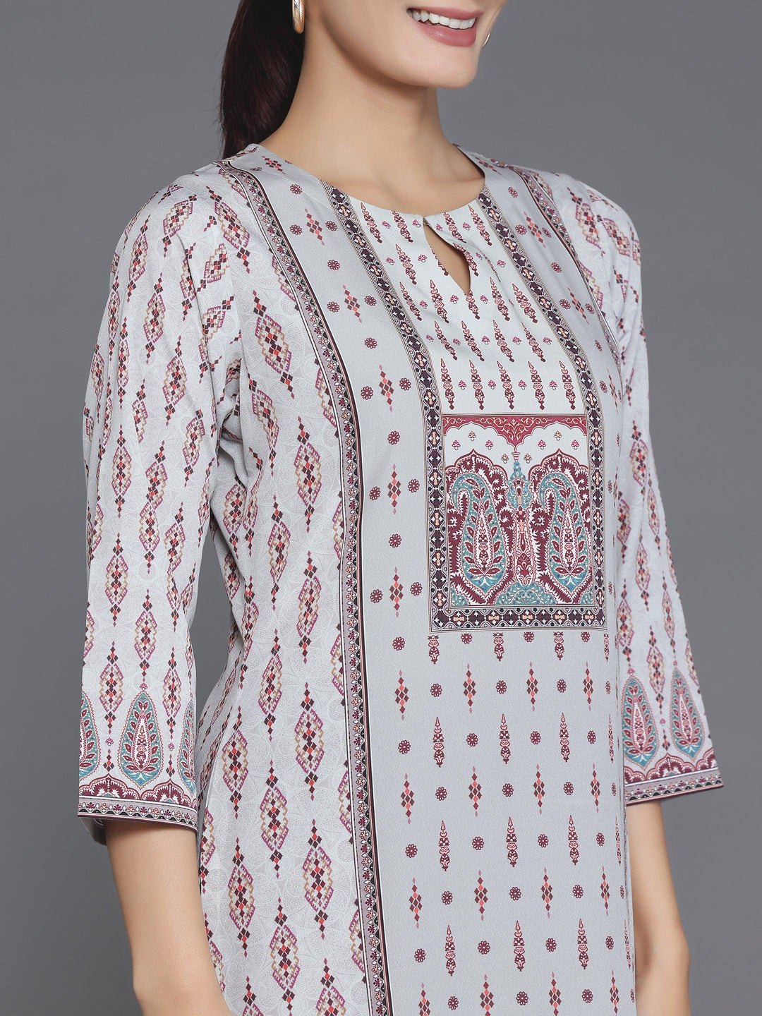 Beige Printed Crepe Straight Kurta - Libas