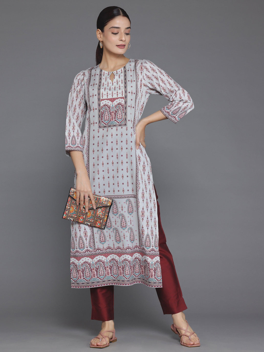 Beige Printed Crepe Straight Kurta - Libas