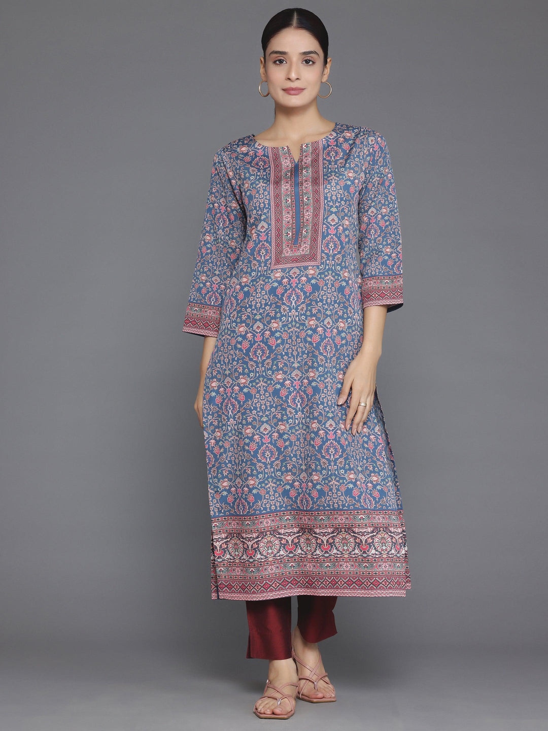 Blue Printed Crepe Straight Kurta - Libas 