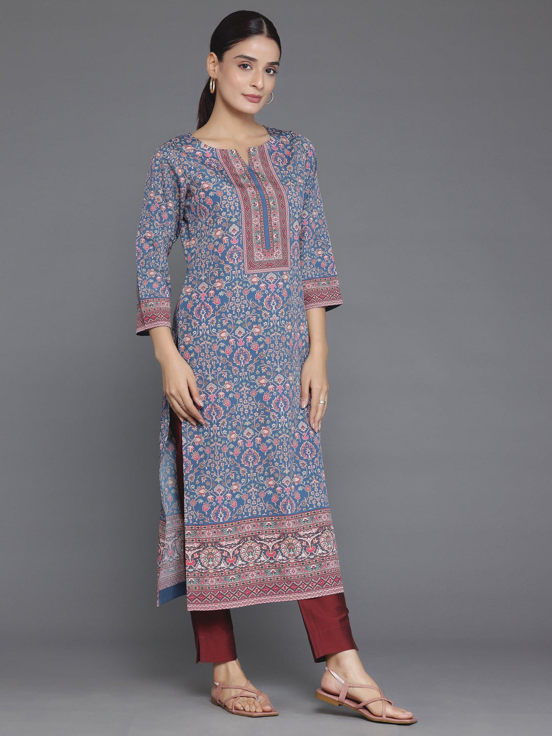 Blue Printed Crepe Straight Kurta - Libas