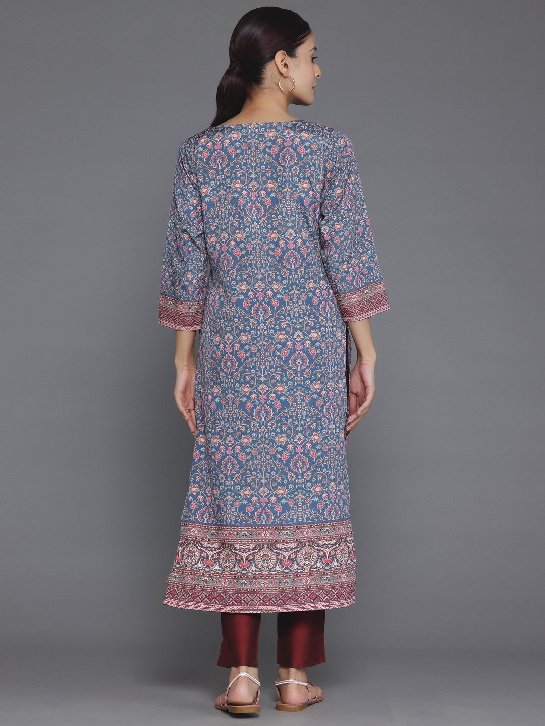 Blue Printed Crepe Straight Kurta - Libas