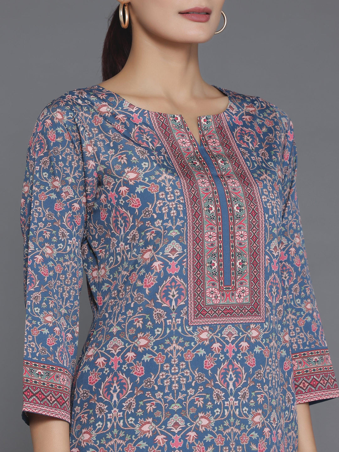 Blue Printed Crepe Straight Kurta - Libas