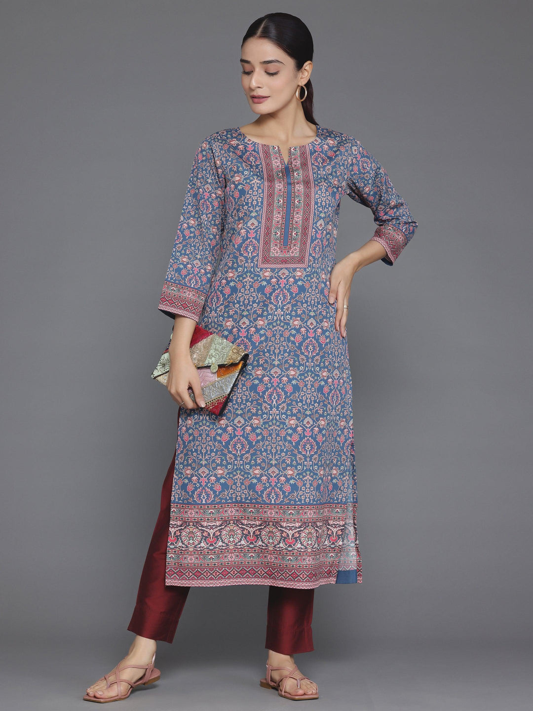 Blue Printed Crepe Straight Kurta - Libas 