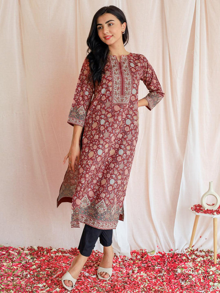 Rust Printed Crepe Straight Kurta - Libas