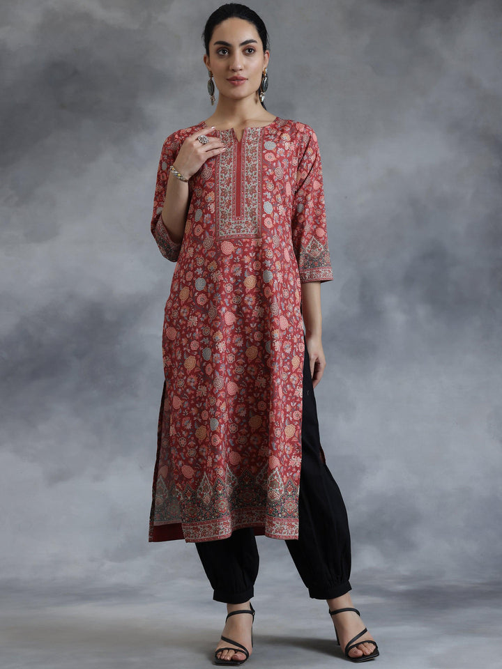 Rust Printed Crepe Straight Kurta - Libas