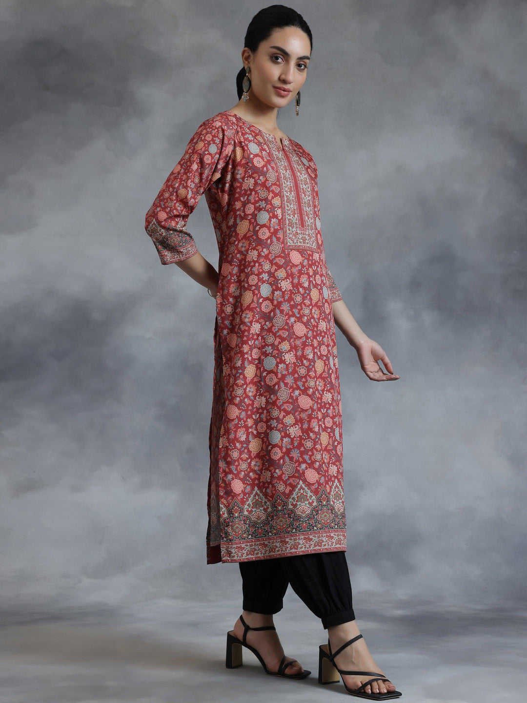 Rust Printed Crepe Straight Kurta - Libas