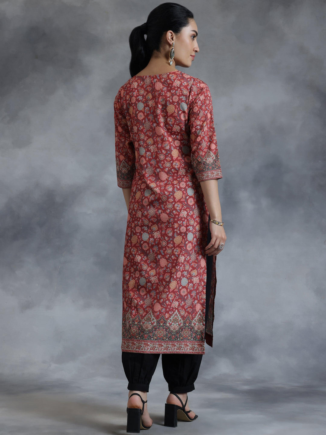 Rust Printed Crepe Straight Kurta - Libas