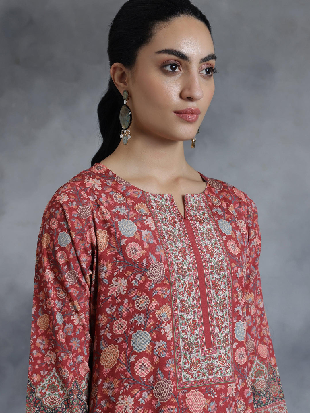 Rust Printed Crepe Straight Kurta - Libas