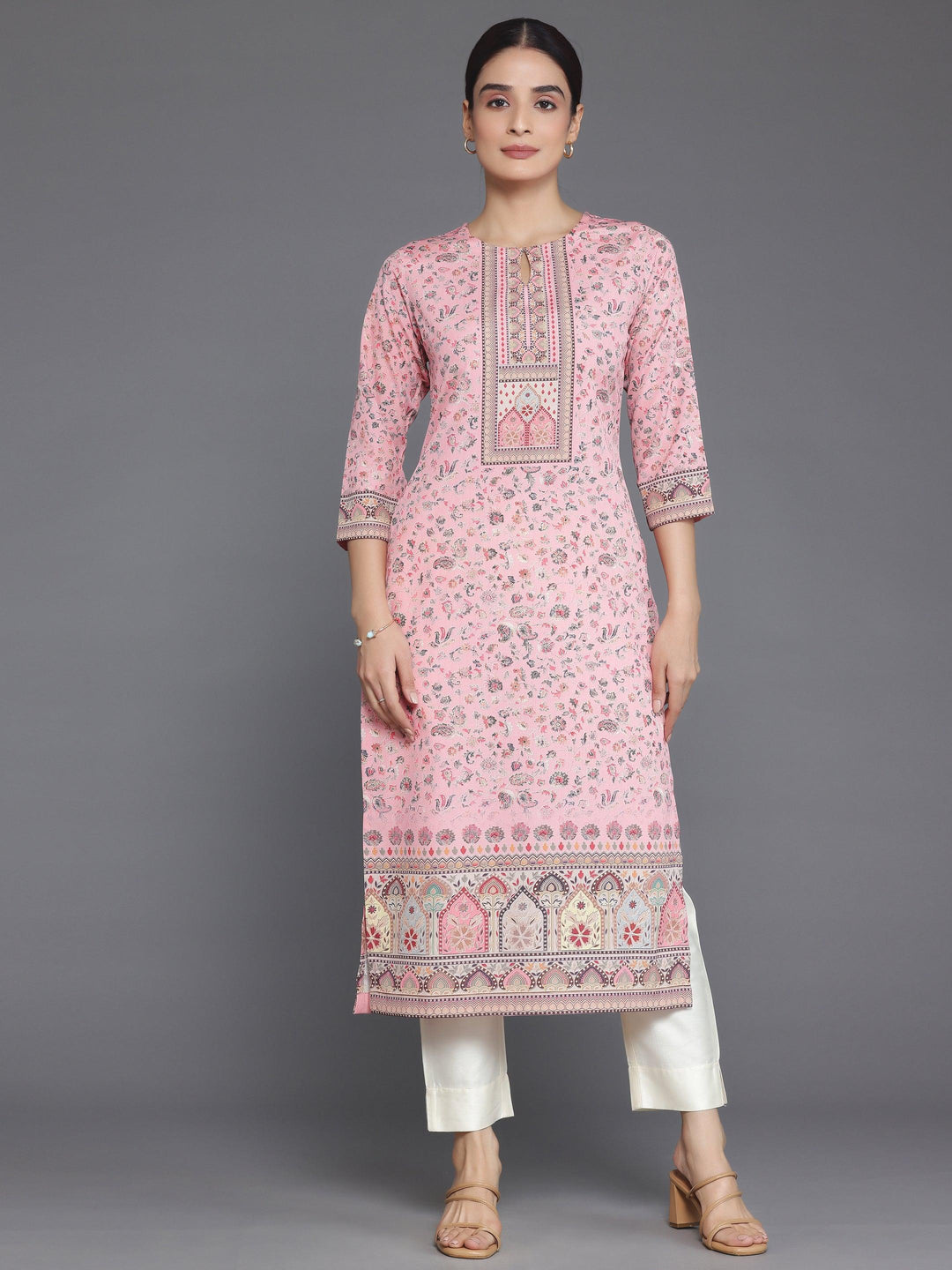 Peach Printed Crepe Straight Kurta - Libas 