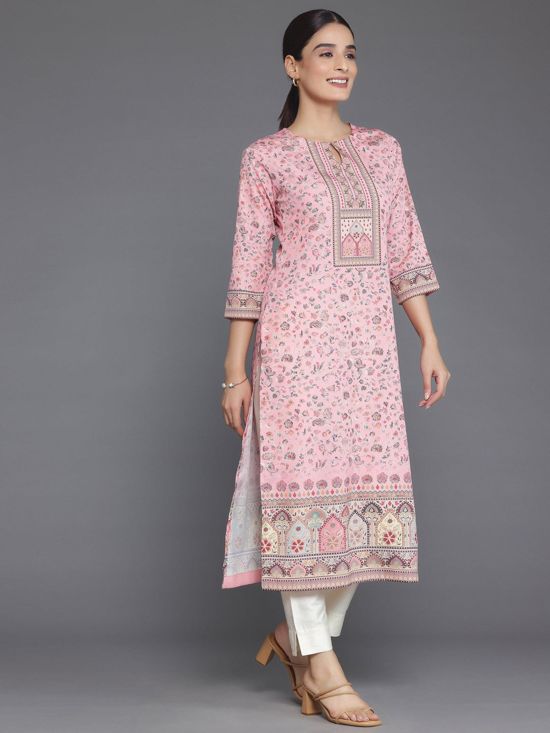 Peach Printed Crepe Straight Kurta - Libas 