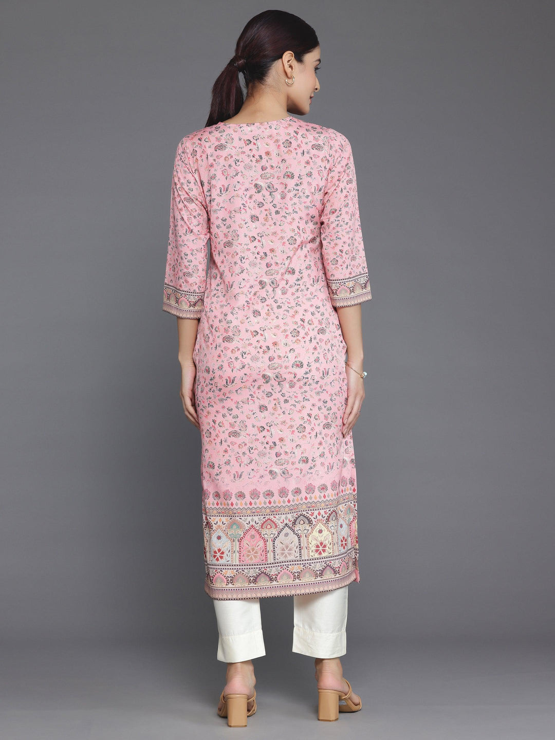 Peach Printed Crepe Straight Kurta - Libas