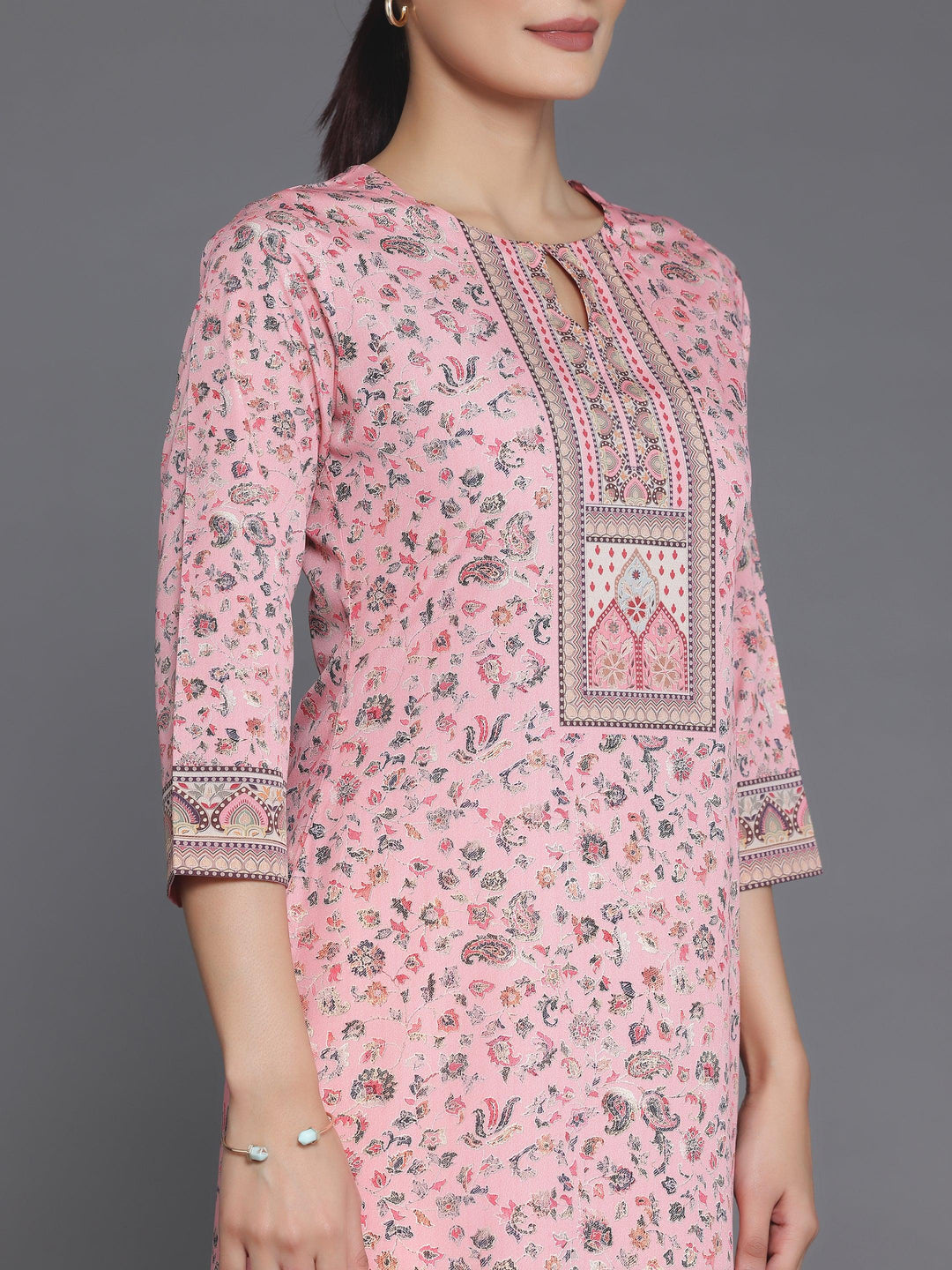 Peach Printed Crepe Straight Kurta - Libas 