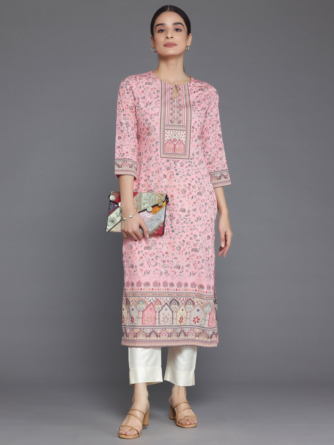 Peach Printed Crepe Straight Kurta - Libas