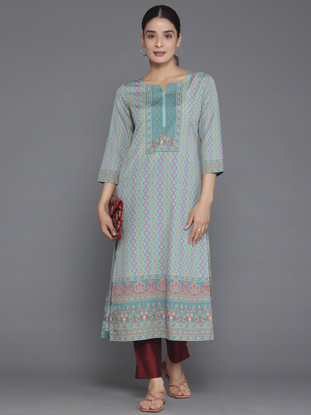 Green Printed Crepe Straight Kurta - Libas