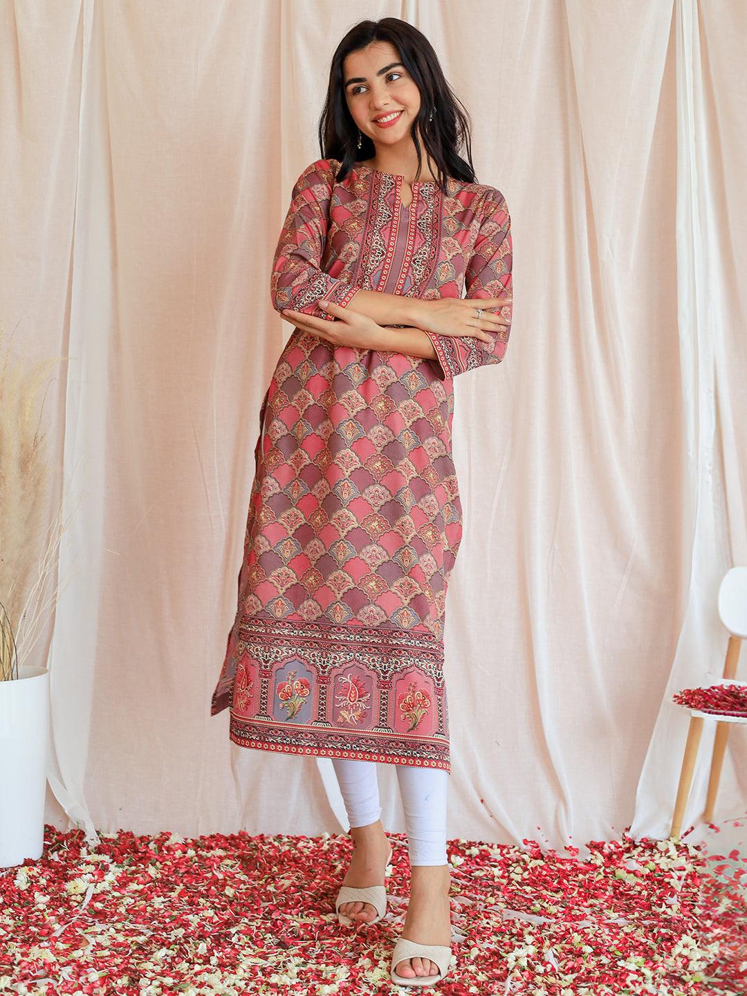 Multicoloured Printed Crepe Straight Kurta - Libas 