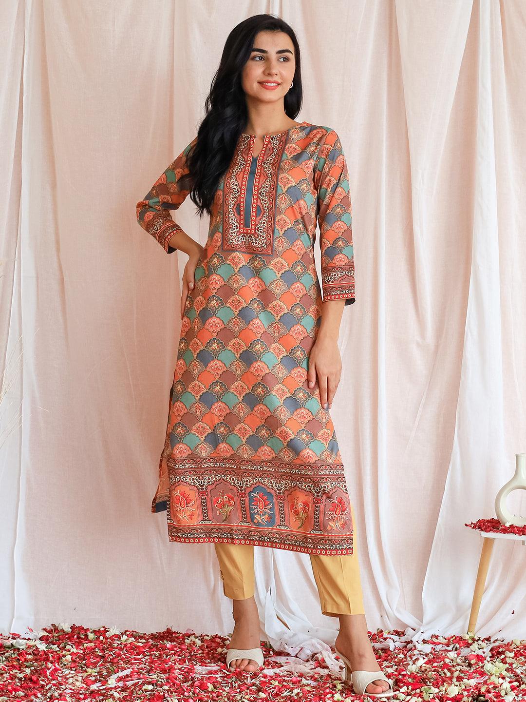 Multicoloured Printed Crepe Straight Kurta - Libas