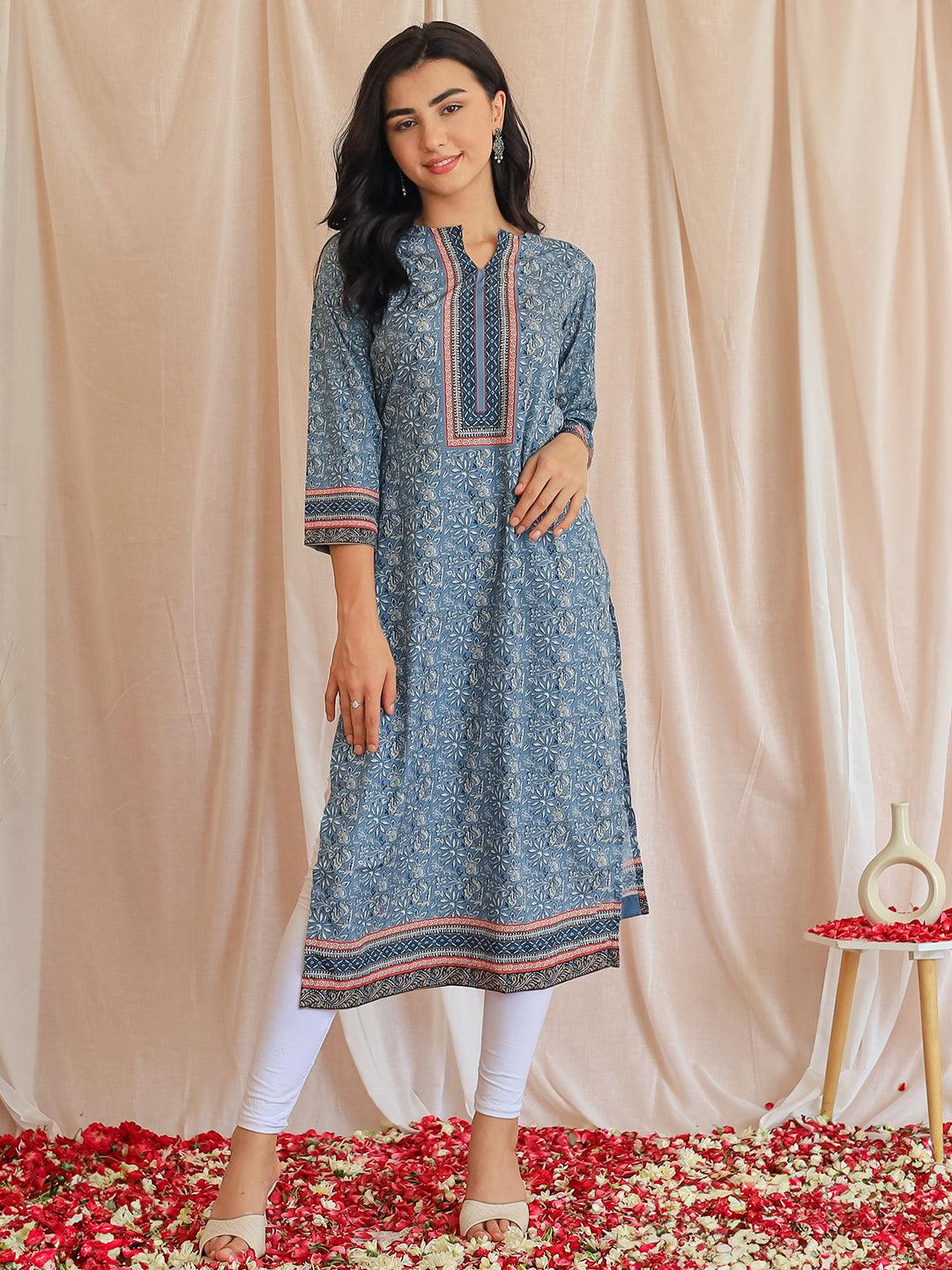 Grey Printed Crepe Straight Kurta - Libas 