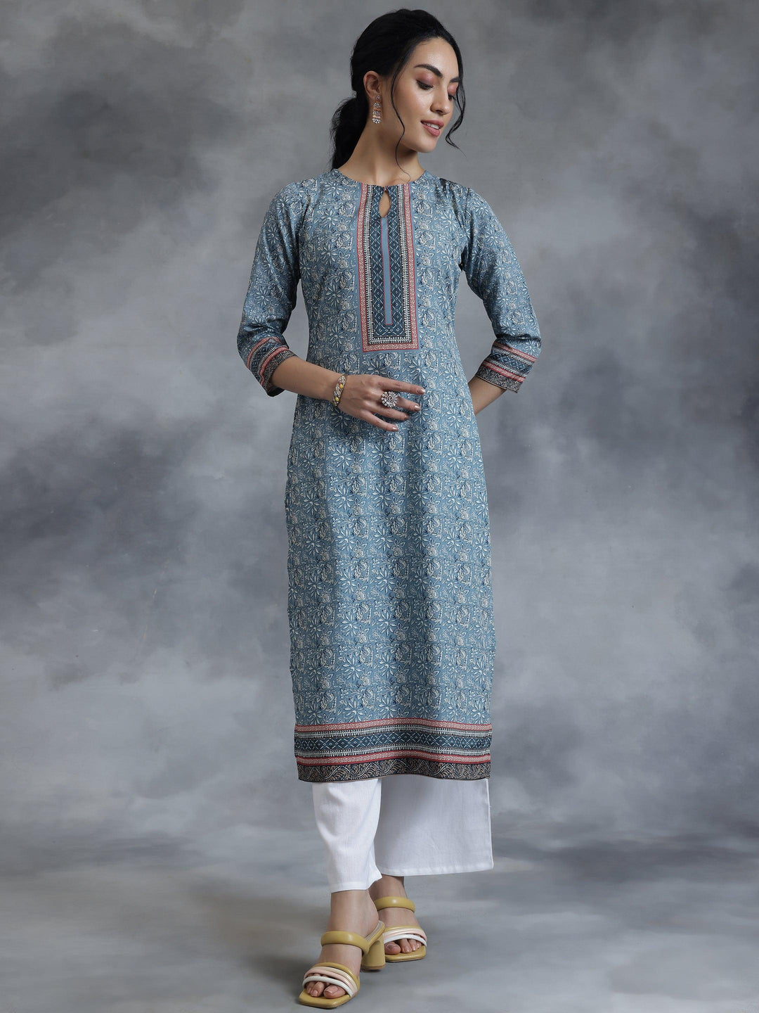 Grey Printed Crepe Straight Kurta - Libas 