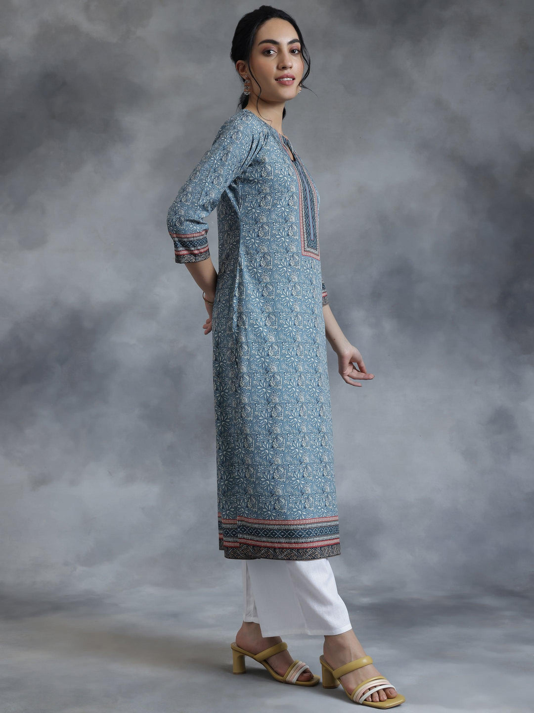 Grey Printed Crepe Straight Kurta - Libas 