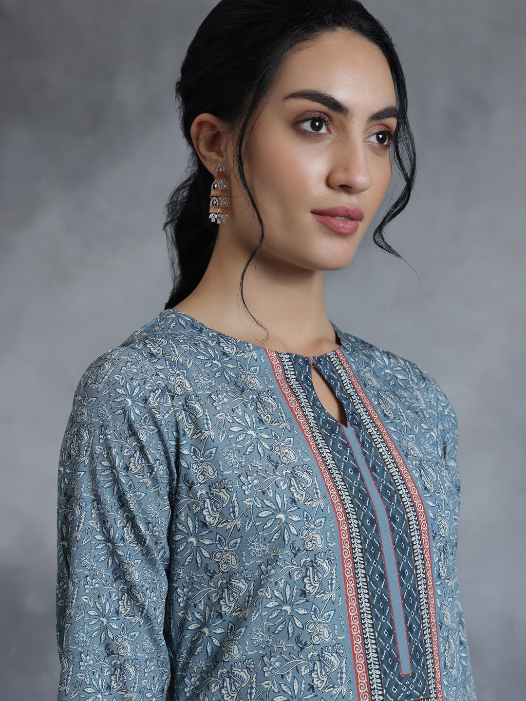 Grey Printed Crepe Straight Kurta - Libas 