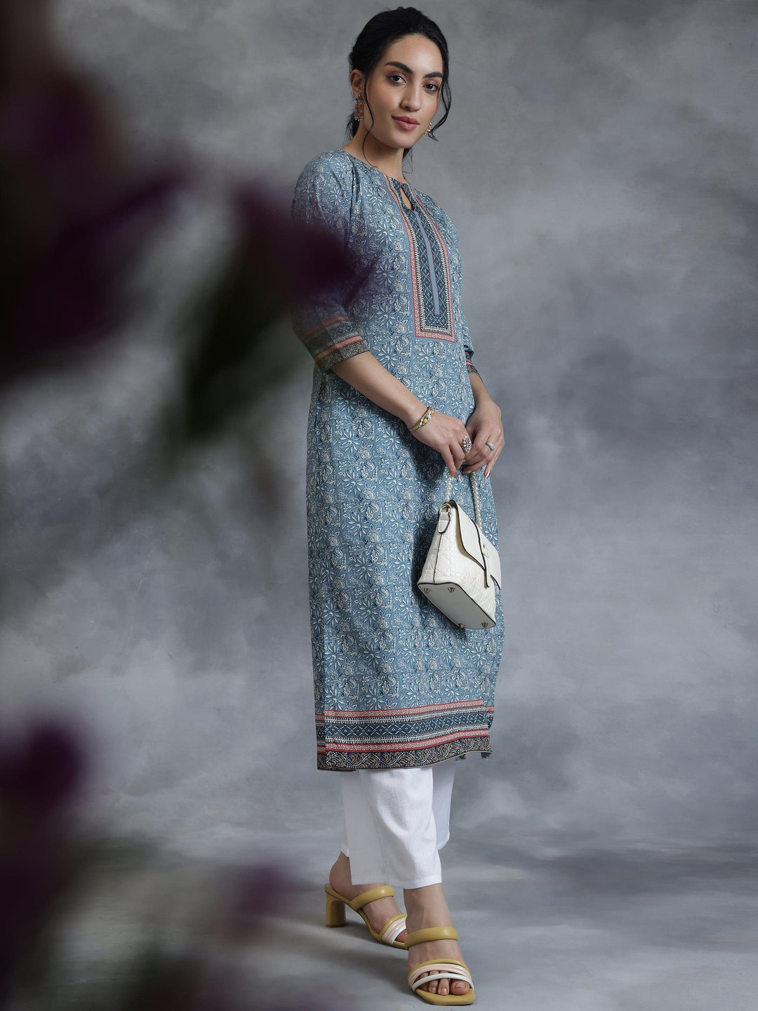 Grey Printed Crepe Straight Kurta - Libas 