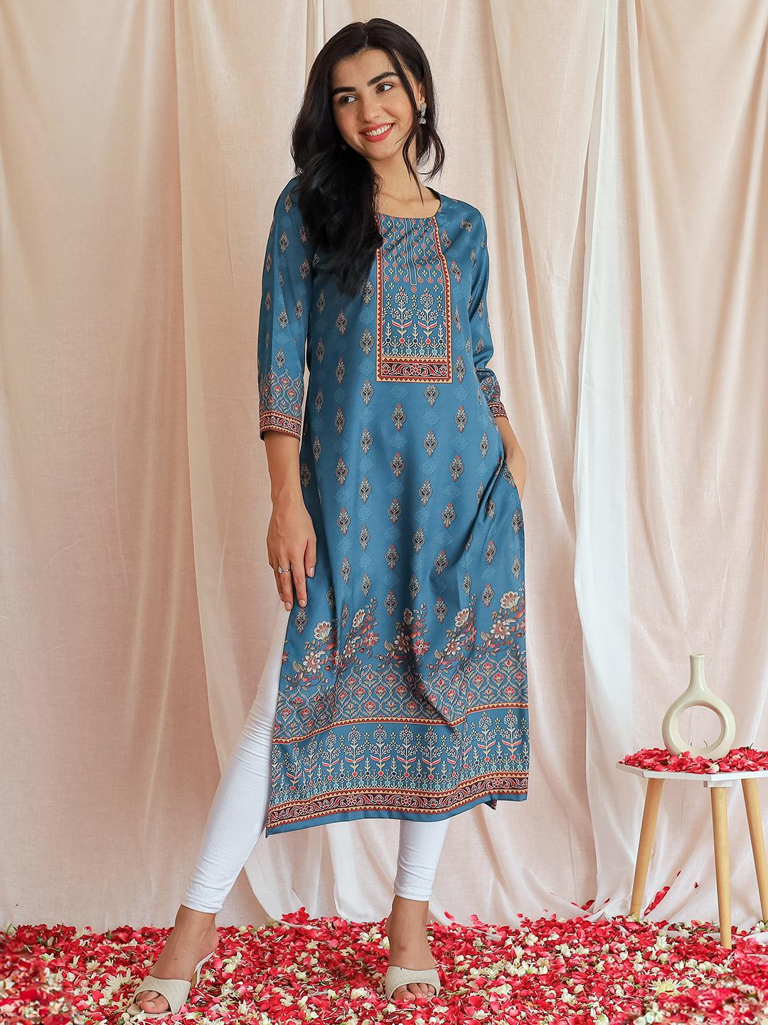 Teal Printed Crepe Straight Kurta - Libas 