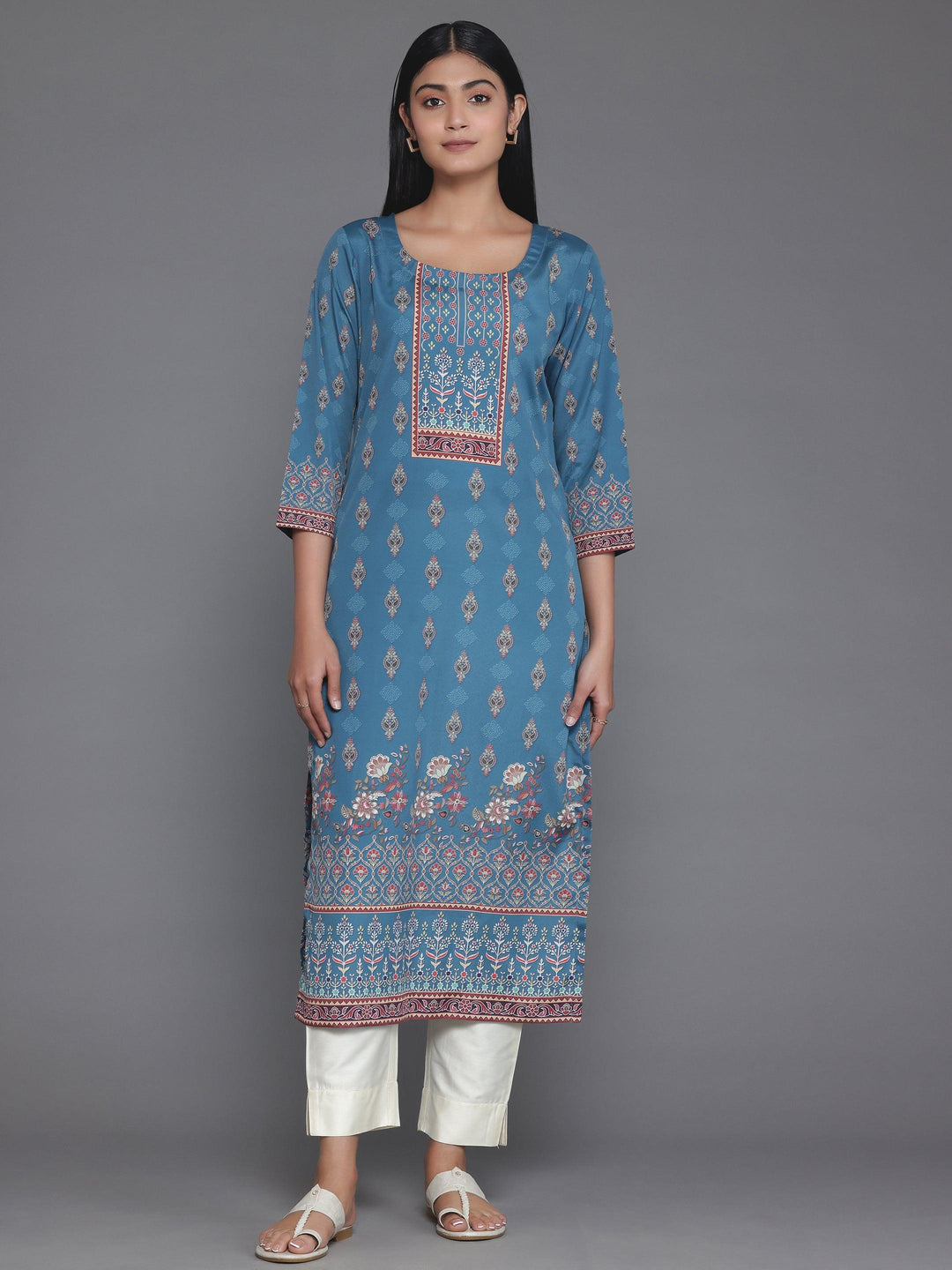 Teal Printed Crepe Straight Kurta - Libas 