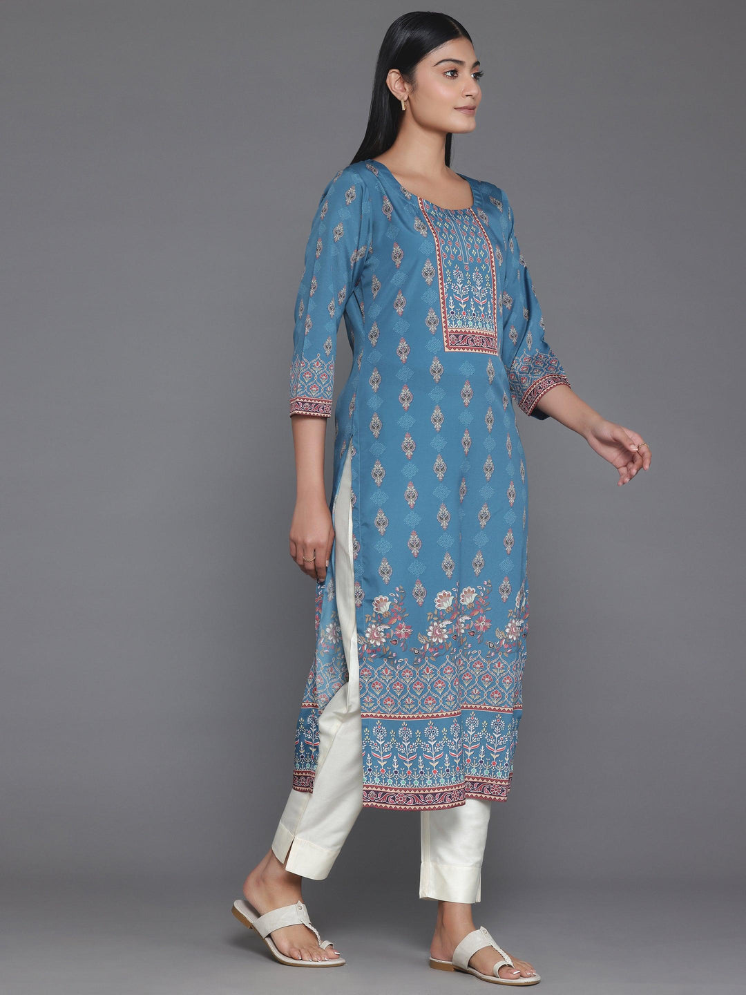 Teal Printed Crepe Straight Kurta - Libas 