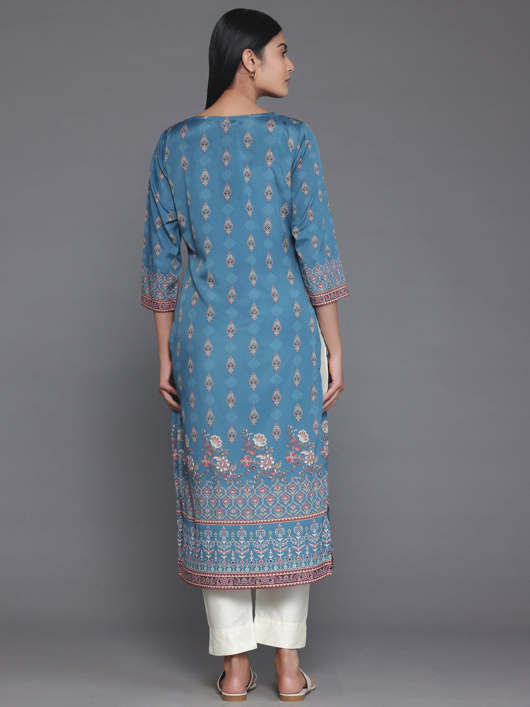 Teal Printed Crepe Straight Kurta - Libas 