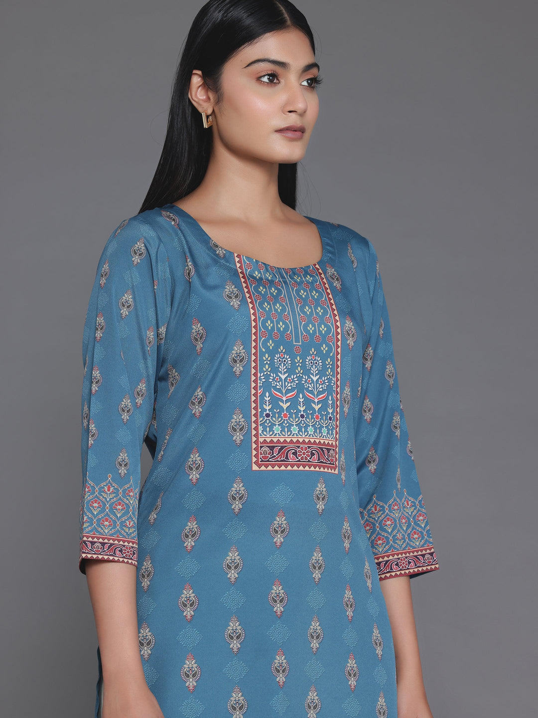 Teal Printed Crepe Straight Kurta - Libas 