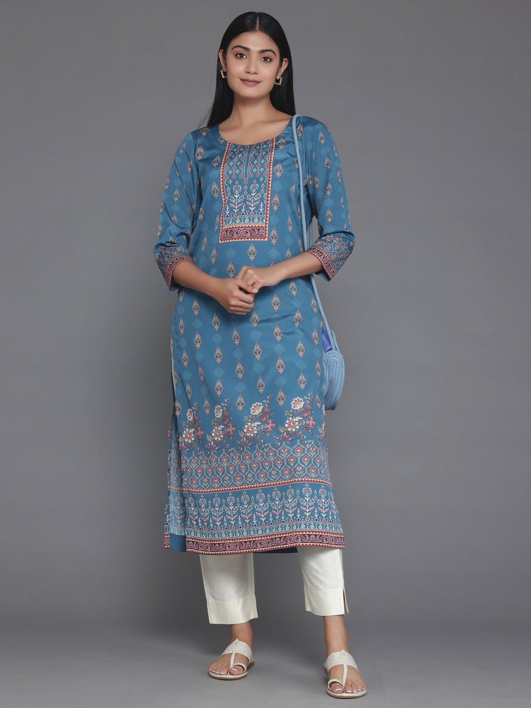 Teal Printed Crepe Straight Kurta - Libas 