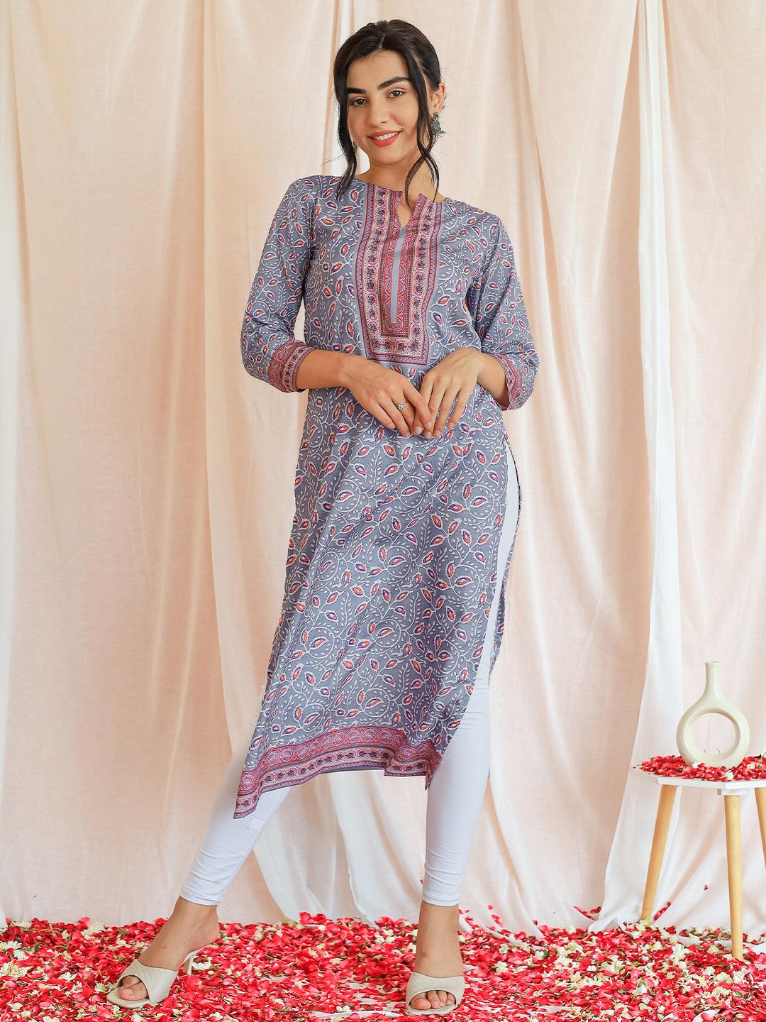 Lavender Printed Crepe Straight Kurta - Libas 