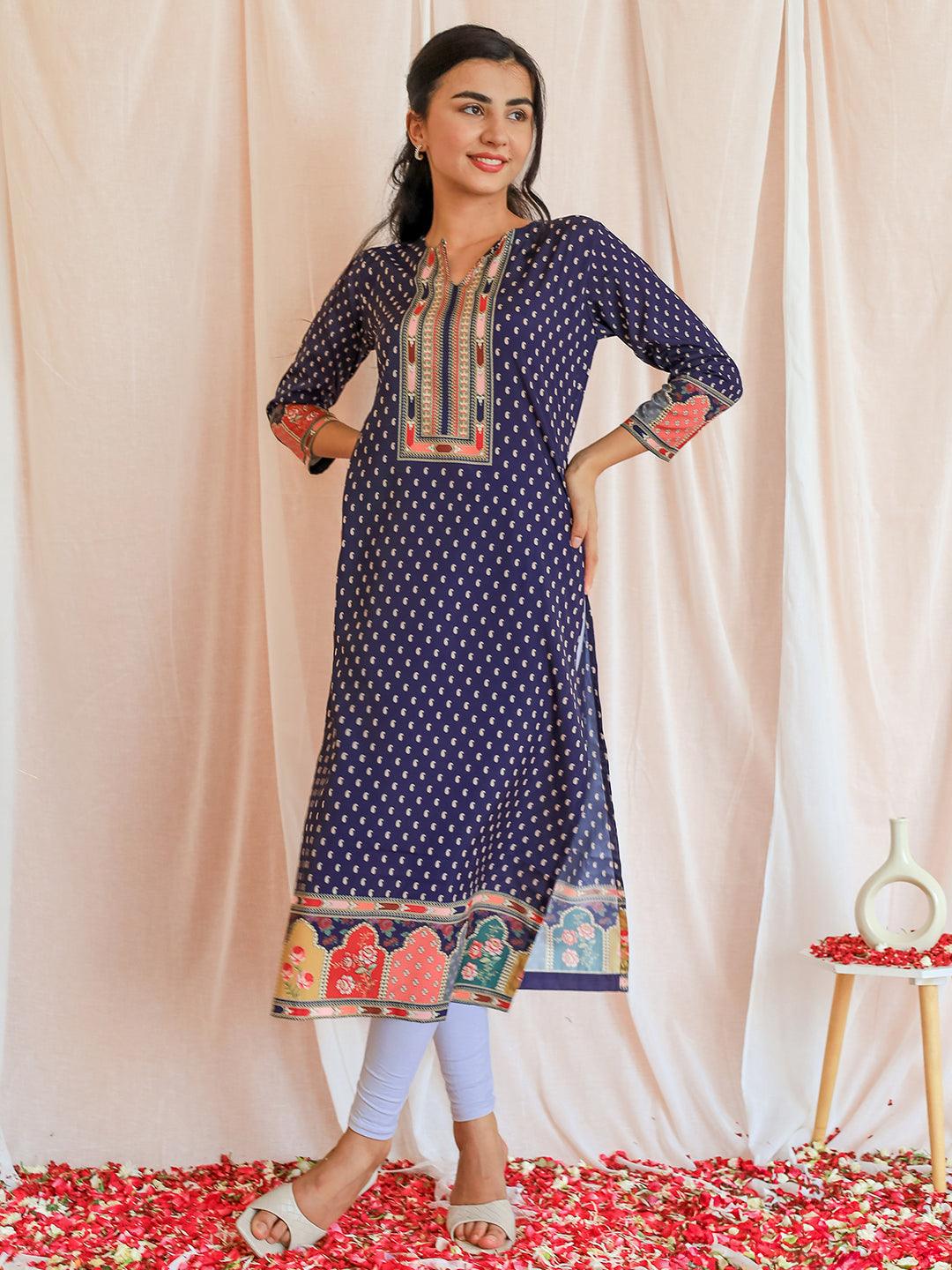 Purple Printed Crepe Straight Kurta - Libas