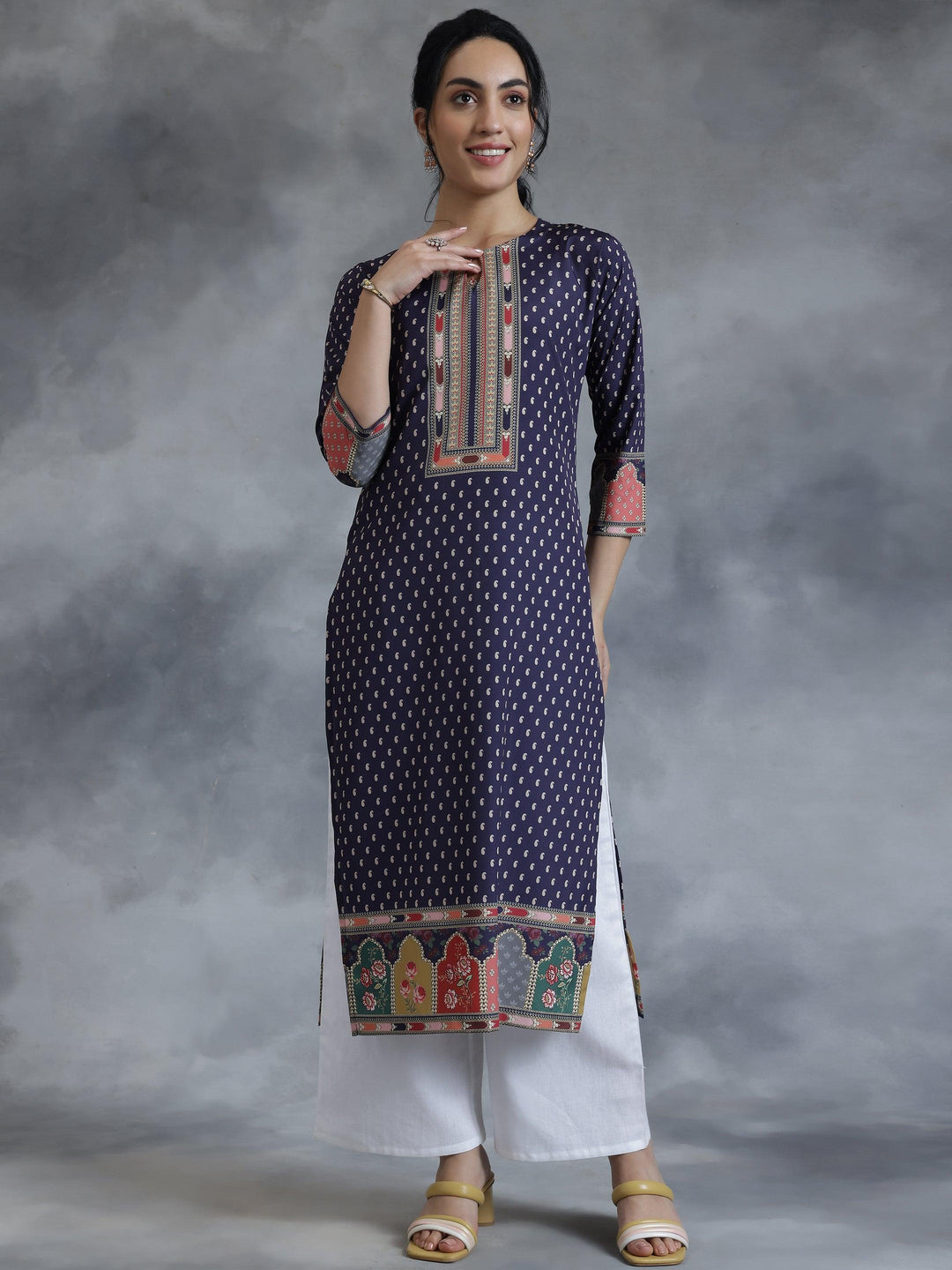 Purple Printed Crepe Straight Kurta - Libas