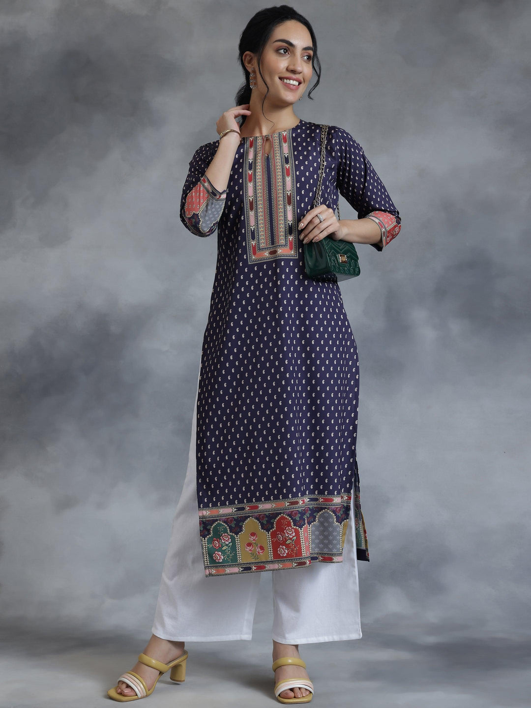 Purple Printed Crepe Straight Kurta - Libas 