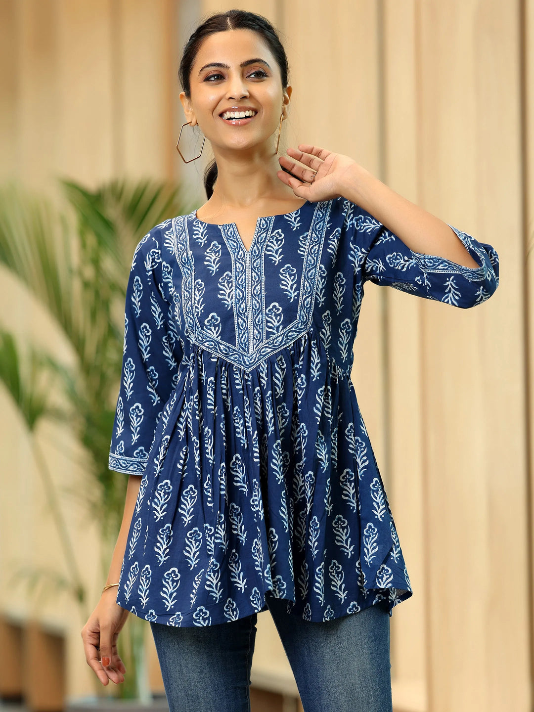 Blue Printed Cotton A-Line Kurti