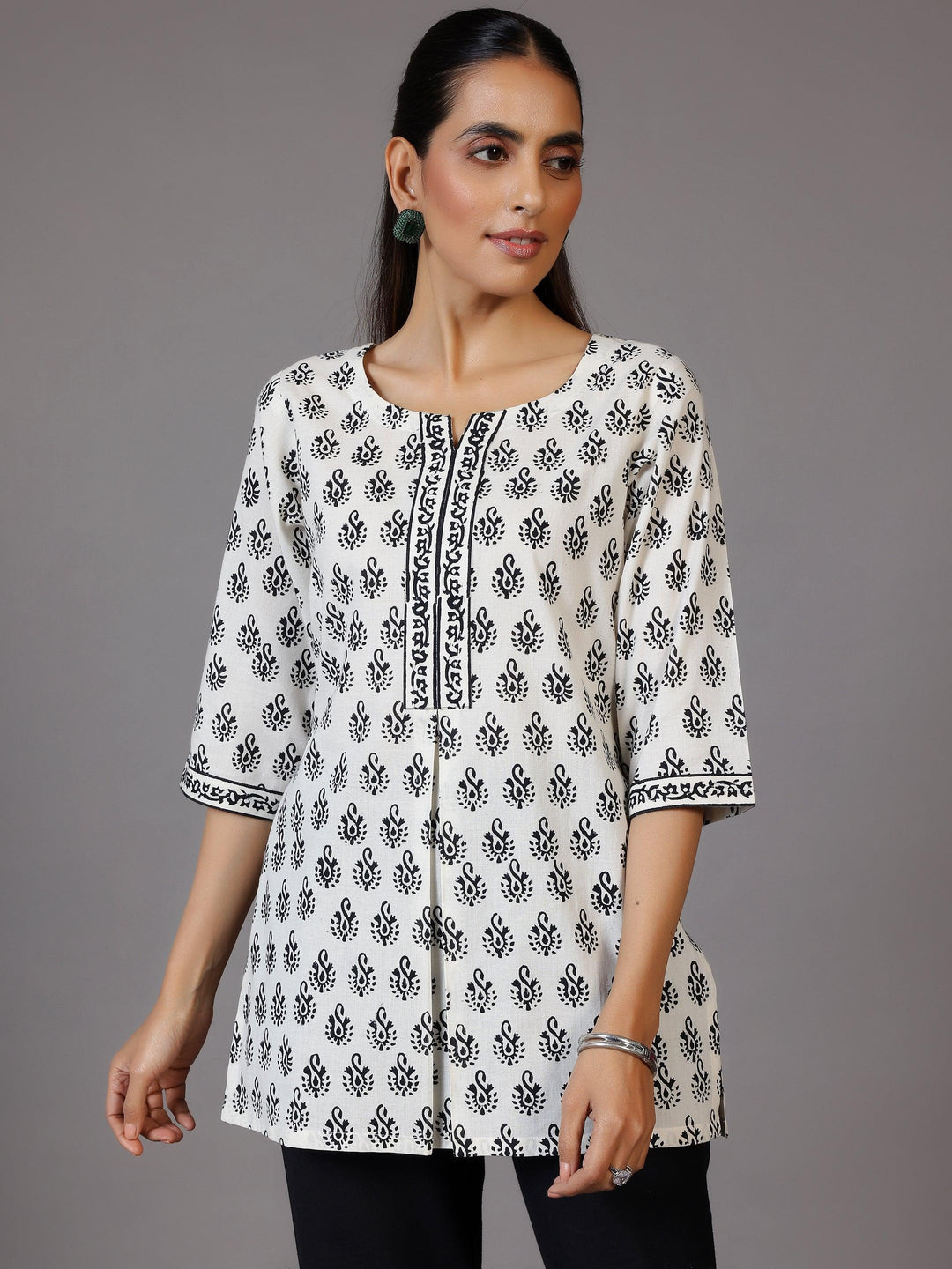 White Printed Cotton Straight Kurti - Libas 