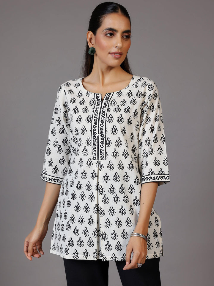 White Printed Cotton Straight Kurti - Libas