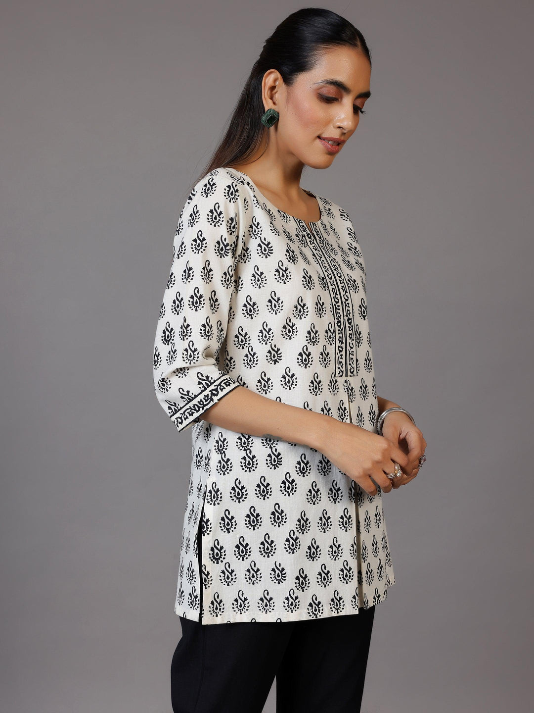 White Printed Cotton Straight Kurti - Libas