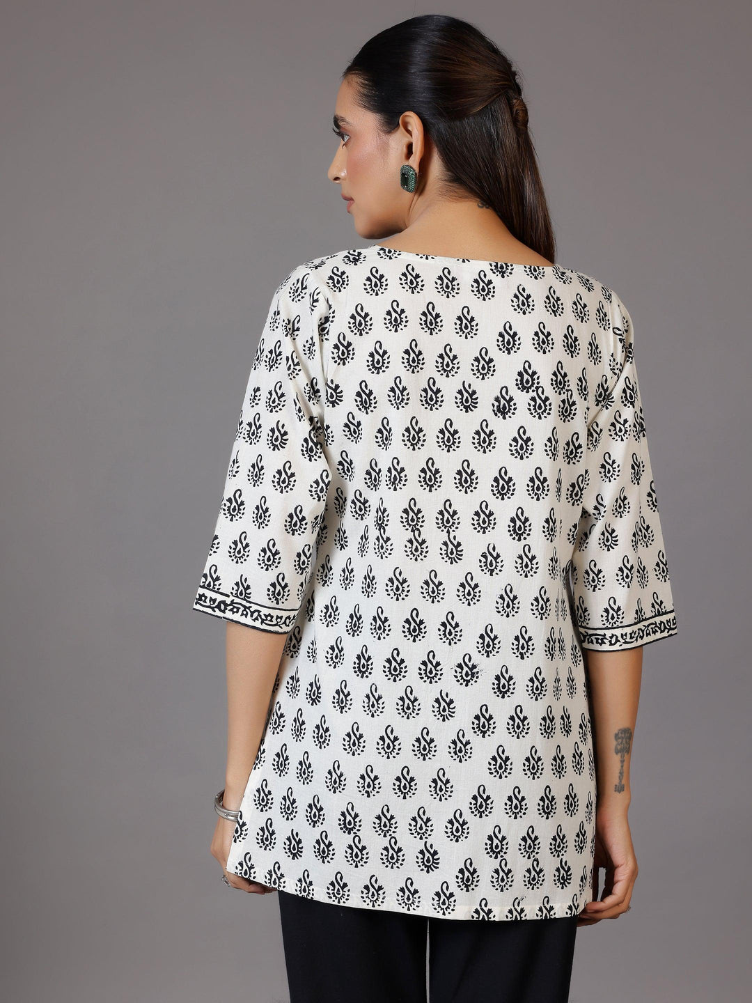 White Printed Cotton Straight Kurti - Libas 