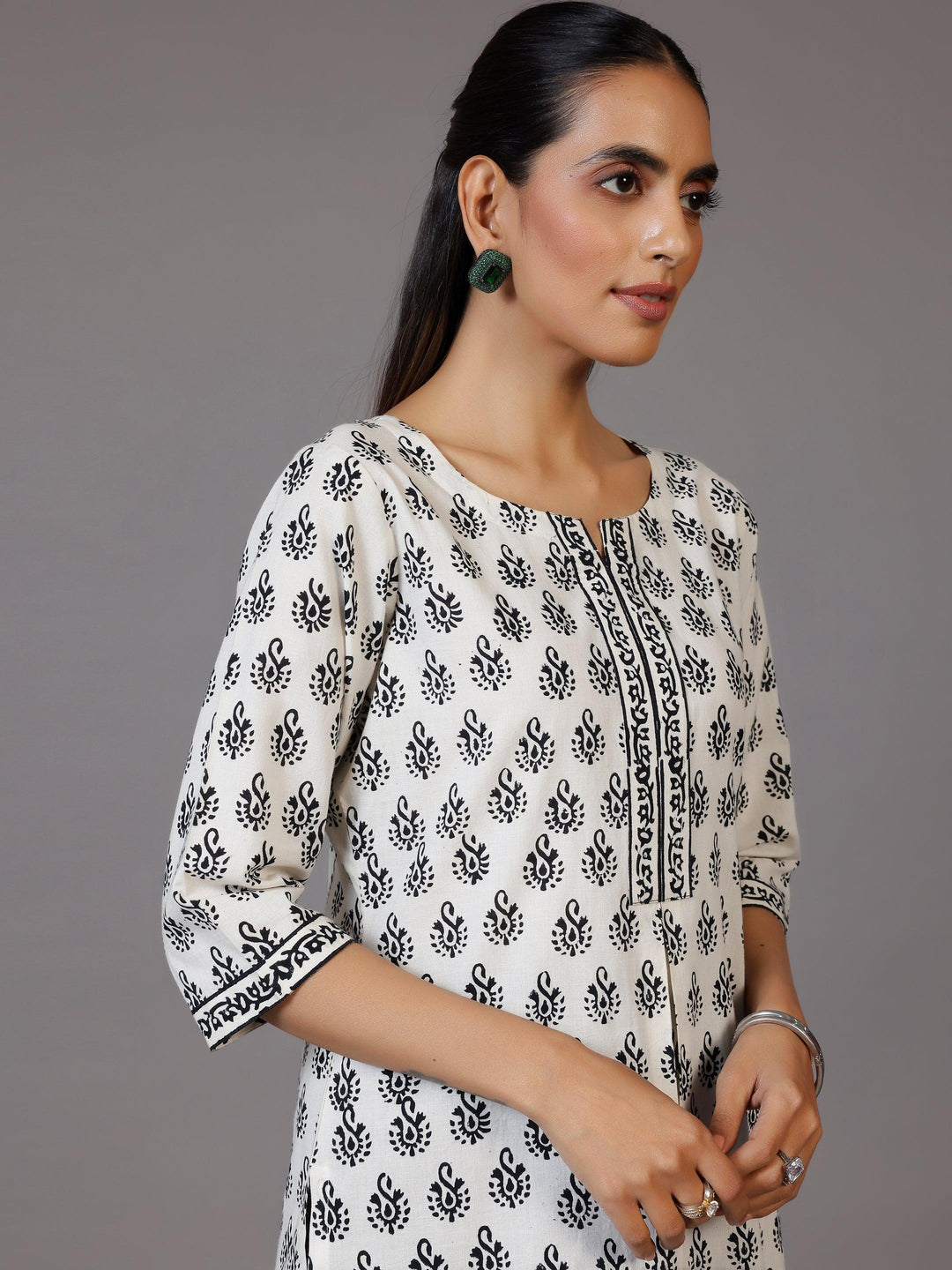 White Printed Cotton Straight Kurti - Libas 