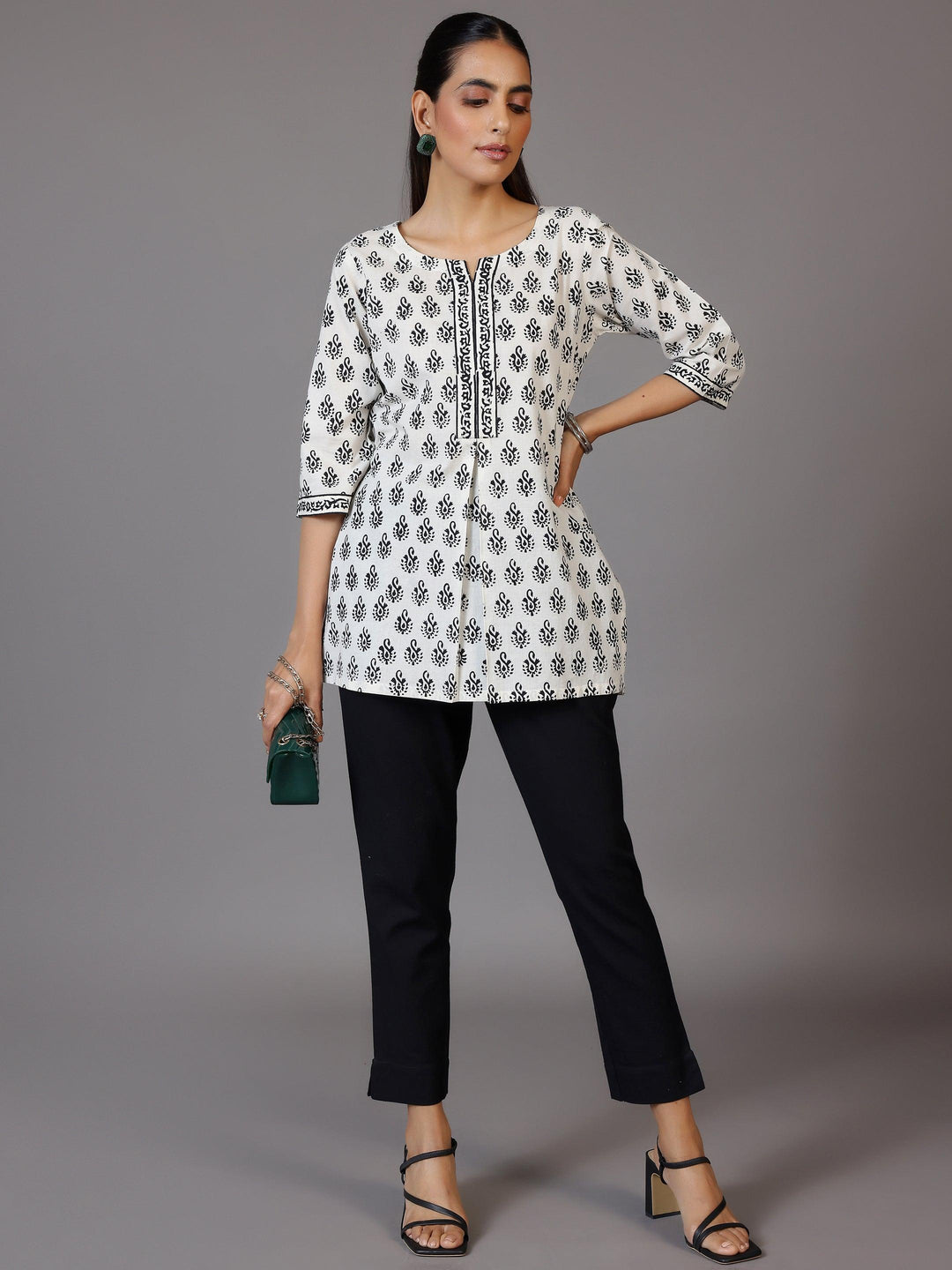 White Printed Cotton Straight Kurti - Libas 