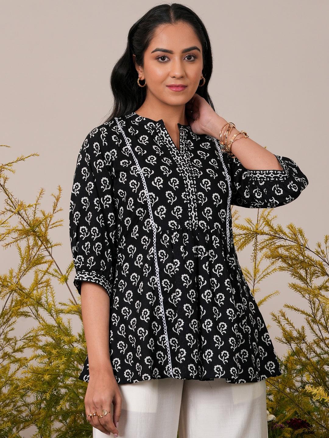 Black Printed Cotton A-Line Kurti - Libas 