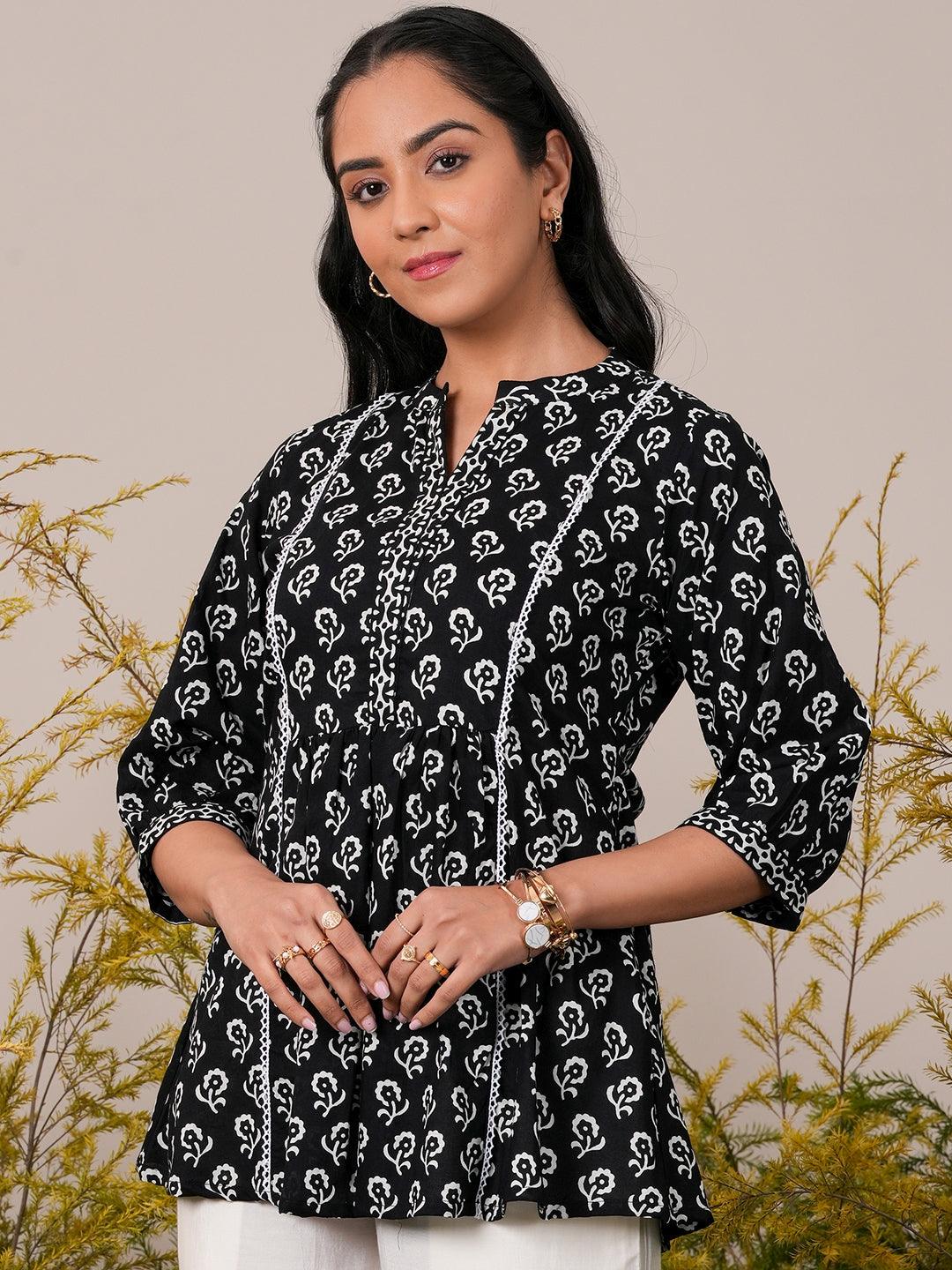 Black Printed Cotton A-Line Kurti - Libas 