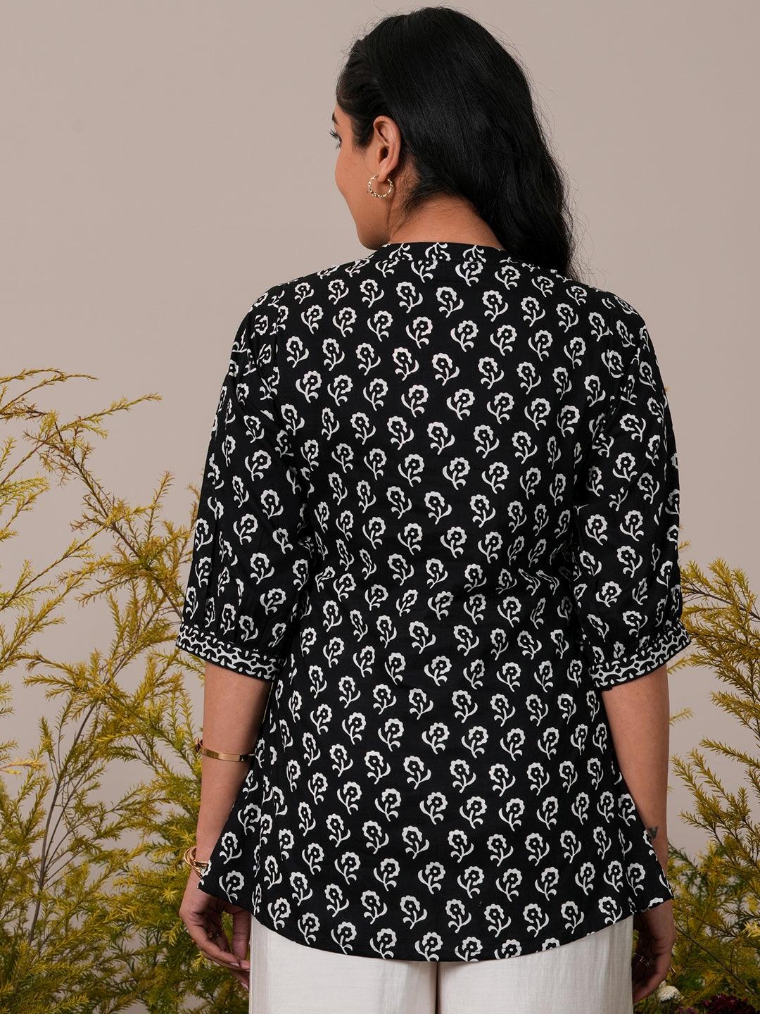 Black Printed Cotton A-Line Kurti - Libas 